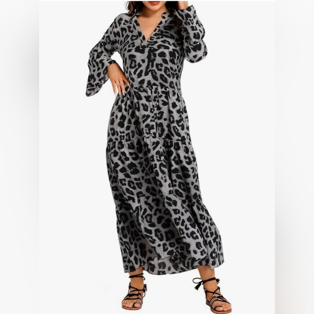 Woman's Long Sleeve Caftan Dress Casual Leopard Print Retro V-Neck Bohemian Mini